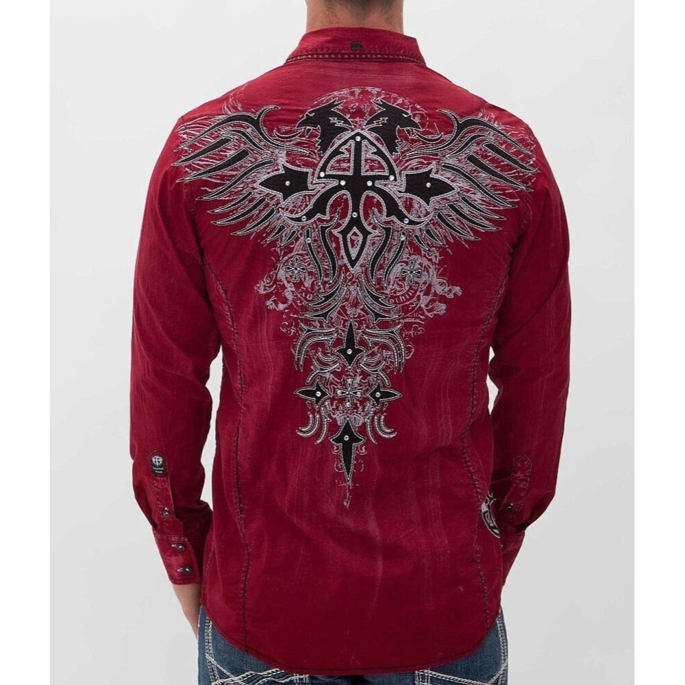 Roar Signature Mens L Red Black Button Up Long Sleeve Cowboy Embroidered Y2K